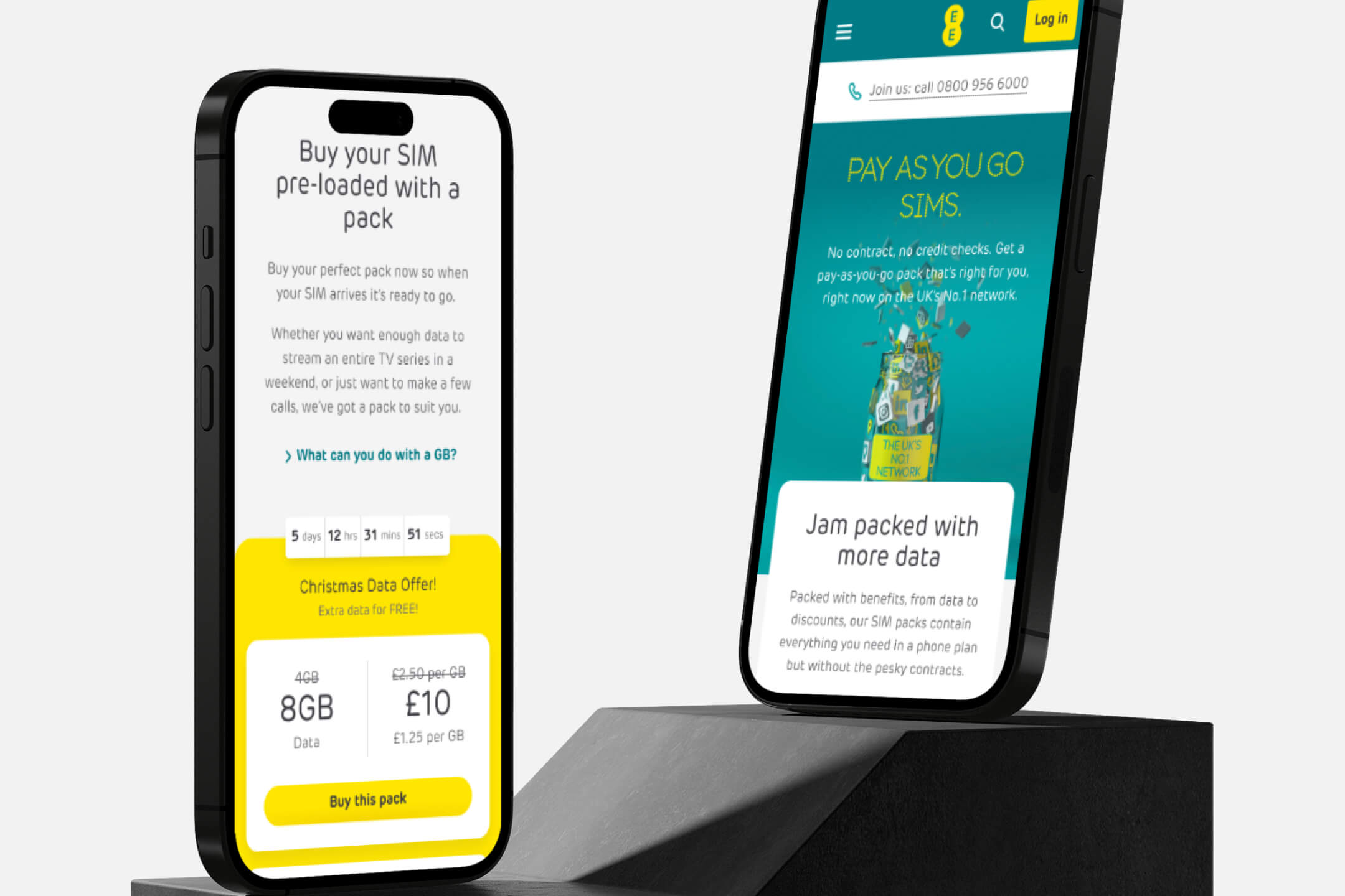 2 phones showing the PAYG page on the EE web site